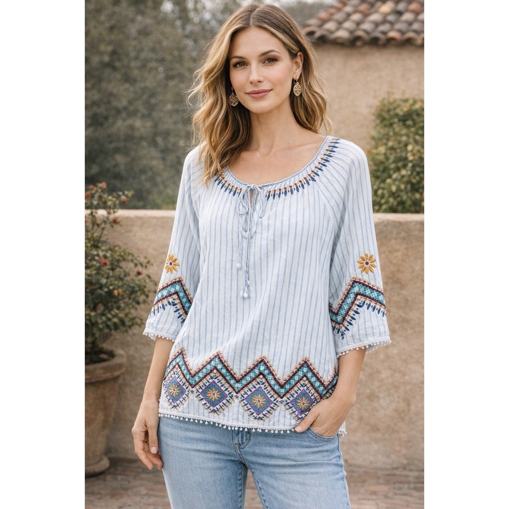 Johnny Was Workshop 3J Blue Stripe Embroidered‎ Boho Peasant Blouse Top XL
